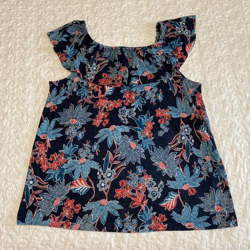 J Jill Sarasa Ruffled Tropical Ruffled Top 100% Linen Elastic Shoulder Navy Blue - Picture 2 of 8